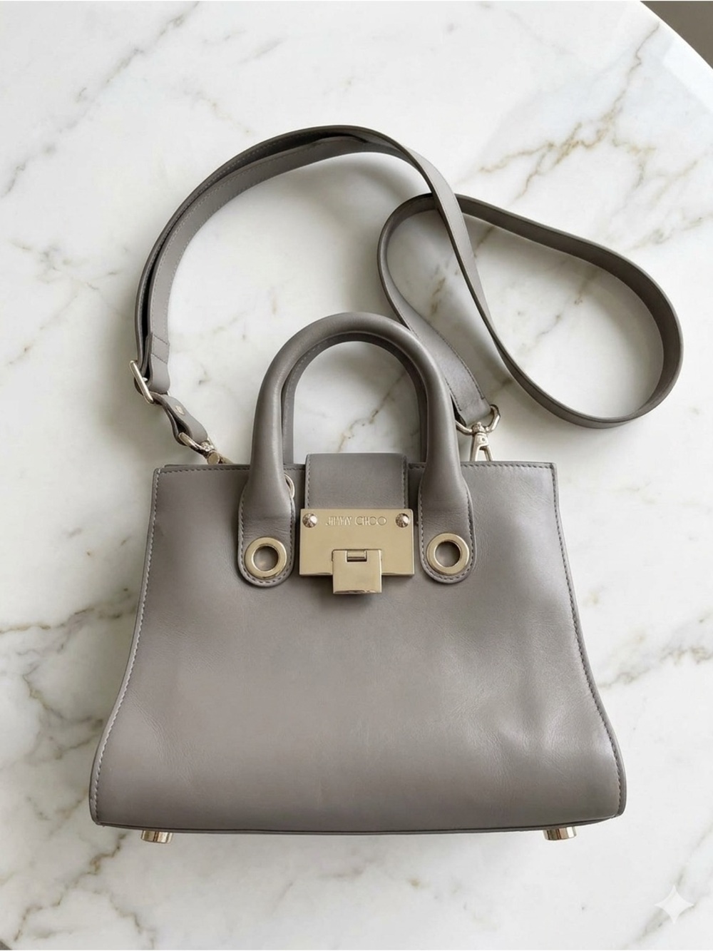 🌟 Authentic Jimmy Choo Riley S Small Calf Leather Crossbody Handbag Taupe Gray - Picture 2 of 14